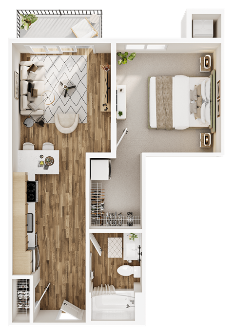 Floor plan for 1 bed, 1 bath, 629 sqft